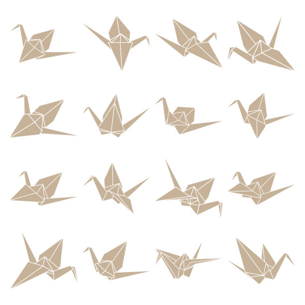 ilustrações de stock, clip art, desenhos animados e ícones de set of origami crane vector silhouette illustration icon isolated on white background. japanese traditional origami crane for infographic, website or app. geometric line shape for art of folded paper. - origami crane