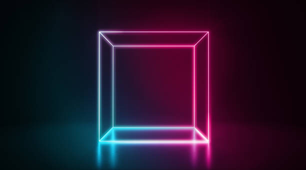 istock Blue and pink neon glowing box stand in darkness 1409453986