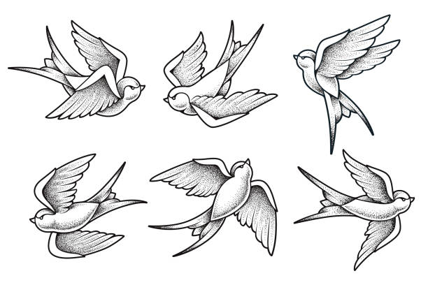 Old school tattoo swallow birds set. Dotwork style vector birds isolated on white. EPS10 graphics.