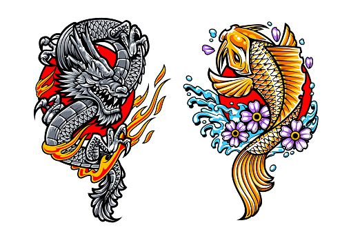 Dragon and koi Japanese tattoo arts isolated on white. Vector illustrations.