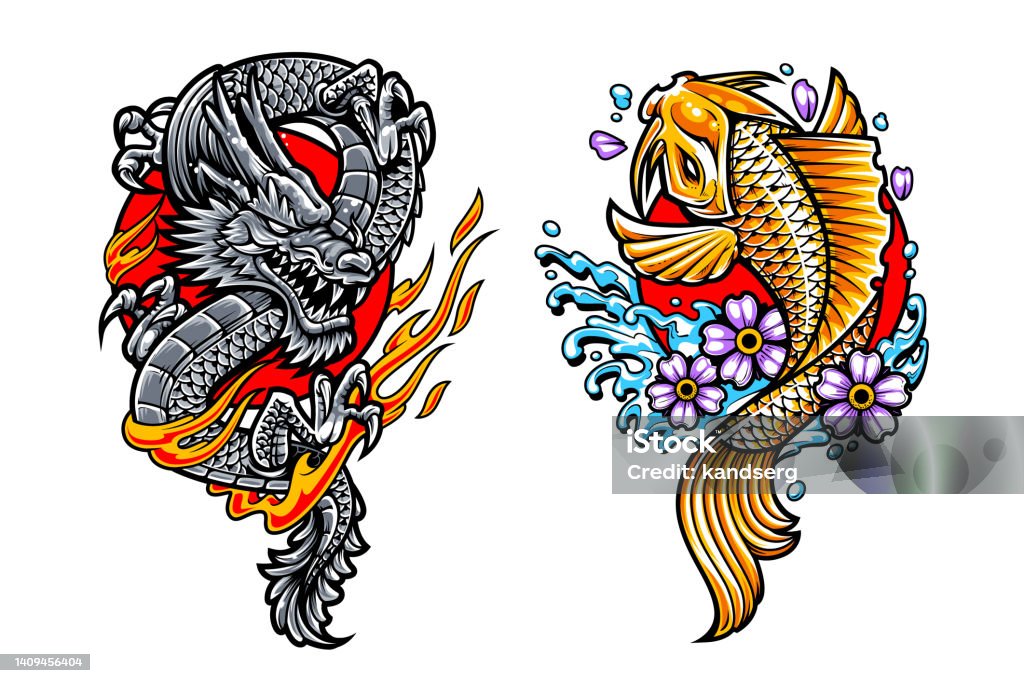 Dragon and Koi Japanese Tattoo Arts Dragon and koi Japanese tattoo arts isolated on white. Vector illustrations. Dragon stock vector