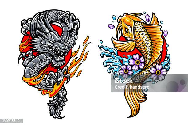 Dragon And Koi Japanese Tattoo Arts Stock Illustration - Download Image Now - Dragon, Tattoo, Japanese Culture