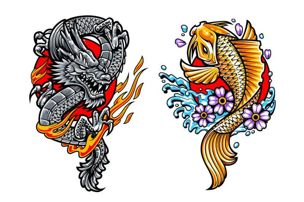 Vector illustration of Dragon and Koi Japanese Tattoo Arts