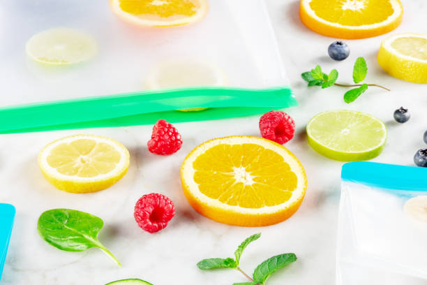 istock Food storage bags with fresh fruit and vegetables, ready for the freezer 1409456789
