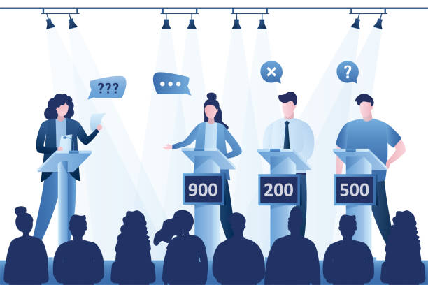 Quiz game. Players and presenter in tv studio. Interior with furniture. Place for filming TV program. Viewers watching tv quiz. Racks with numbers on podium. Lighting on ceiling Quiz game. Players and presenter in tv studio. Interior with furniture. Place for filming TV program. Viewers watching tv quiz. Racks with numbers on podium. Lighting on ceiling. Vector illustration. erudite stock illustrations