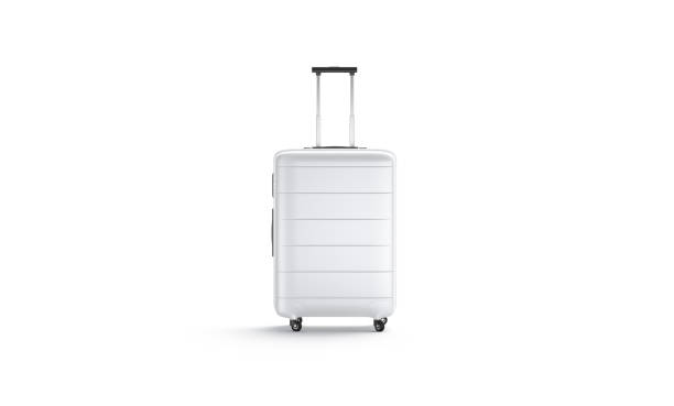 valigia bianca vuota con supporto mockup maniglia, vista frontale - baggage wagon foto e immagini stock