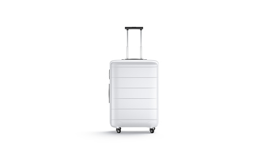 Blank white suitcase with handle mockup stand, front view, 3d rendering. Empty plastic travel case or baggage for vacation mock up, isolated. Clear pack or baul for airplane passenger template.