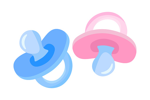 Baby pacifiers set vector illustration. Cartoon pink and blue nipple with rubber soother to pacify newborn girl and boy, isolated cute nursery care accessories, nursing binky and mouth teether toy
