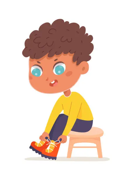 Vector illustration of Cute boy putting on boots, isolated adorable little kid sitting on chair to put on shoes