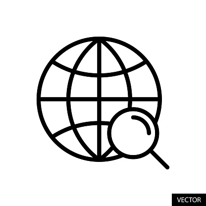 Search World Wide Web, Global symbol with magnifying glass vector icon in line style design for website design, app, UI, isolated on white background. Editable stroke. EPS 10 vector illustration.