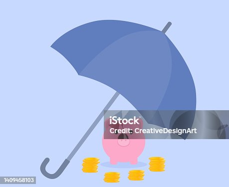 istock Piggy Bank And Coins Under Umbrella. Protecting Money And Savings. 1409458103