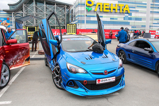 Chelyabinsk, Russia - June 2, 2018: Charged car Opel Astra J OPC presented at the Ural Motor Show.