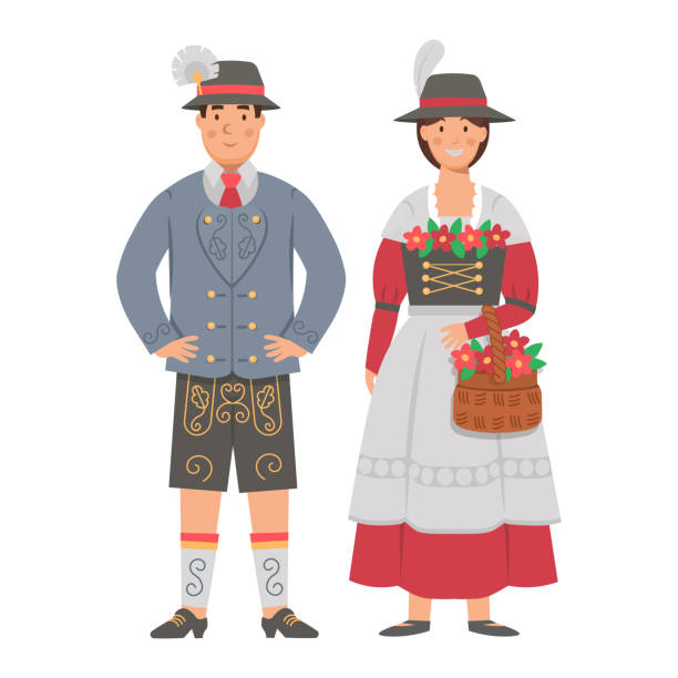 ilustraciones, imágenes clip art, dibujos animados e iconos de stock de traje alemán de dibujos animados para hombres y mujeres, personaje para niños. ilustración vectorial plana - dirndl traditional clothing austria traditional culture