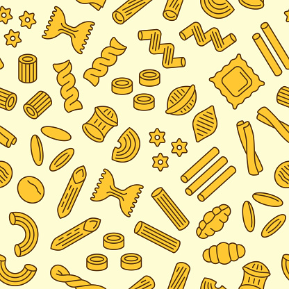 Pasta seamless pattern. Vector background with italian noodle, fusilli, macaroni, ravioli, spaghetti, pasta. Food color illustration.