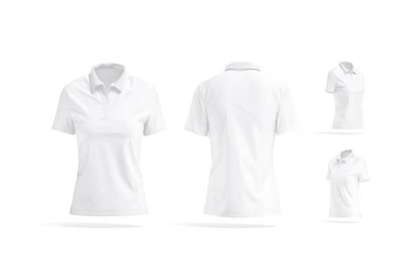 빈 흰색 여성 폴로 셔츠 모형, 다른 전망 - polo shirt shirt clothing textile 뉴스 사진 이미지