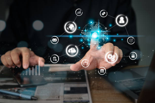 istock Digital transformation technology strategy, Businessman search for information from online technology by laptop and smartphone newspaper working in office, Ai technology on icon virtual screen 1409460147