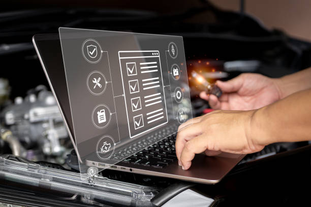 istock Car service business and smart virtual screen concept,Technician use laptop check service list of car quality assurance and replace worn out parts and car engine room in background 1409460159