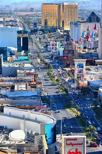 Aerial view of The Strip in Las Vegas. Among 25 largest hotels in the world, 15 are located on Las Vegas Strip.