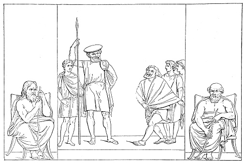 Illustration of a Farce scene: war hero and rascal