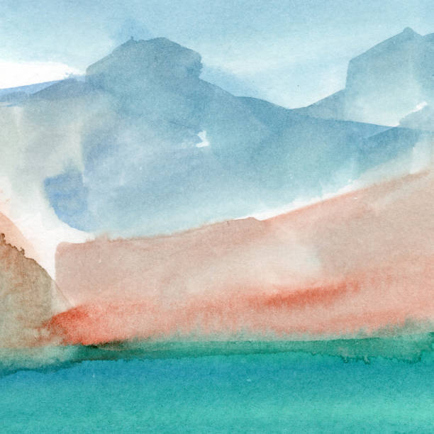 illustrations, cliparts, dessins animés et icônes de paysage d’aquarelle abstraite moderne. art minimaliste avec le ciel, les montagnes et l’eau. arrière-plan avec une peinture de nature simple. - italian lake district