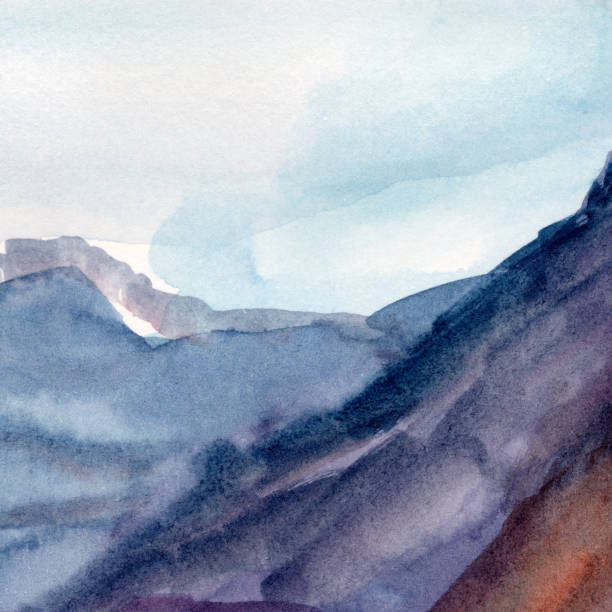 istock Modern abstract watercolor landscape. Minimalist art with sky, mountains and water. Background with a simple nature painting. 1409462403