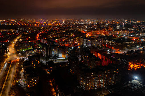 Night city, night city view from drone, nightlife landscapes in big cities, night in Ukraine.