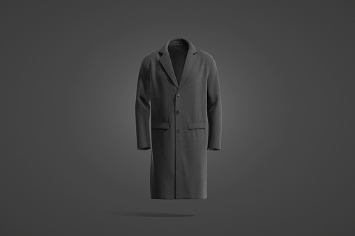 Blank black wool coat mockup, dark backgound, 3d rendering. Empty casual notched lapel cape or cloak mock up, front view. Clear fleece or cloth double breasted greatcoat with pocket template.