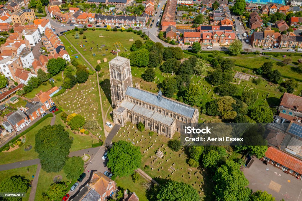 Aerial photo of St Edmund's Church, Southwold, Suffolk. It lies under one continuous roof, and was built over about 60 years from the 1430s to the 1490s; it replaced a smaller 13th-century church that was destroyed by fire. Southwold Stock Photo
