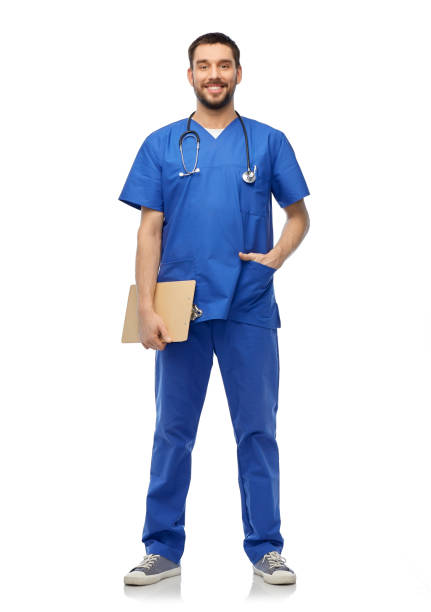 istock smiling doctor in blue uniform with clipboard 1409462997