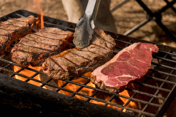 Variation of Meat and Vegetables like Steak, Pork Chops, Chicken Skewers, Burger Patties, Zucchini, Mushrooms on BBQ Grill with Open Flames