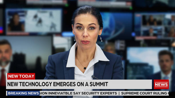istock TV Live News Program with Professional Female Presenter Reporting. Television Cable Channel Anchorwoman Talks, Business, Economy, Entertainment. Mockup of Network Broadcasting in Newsroom Studio. 1409468422