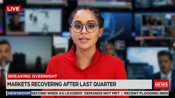 istock TV Live News Program with Professional Female Presenter Reporting. Television Cable Channel Anchorwoman Talks, Business, Economy, Entertainment. Mockup of Network Broadcasting in Newsroom Studio 1409468466