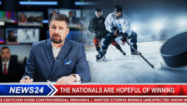 Photo of Split Screen TV News Live Report: Anchor Talks. Reportage Edit: Photo of Poster Appearing with Ice-Hockey Game Championship Match, Players Play. Television Program on Cable Channel Concept.