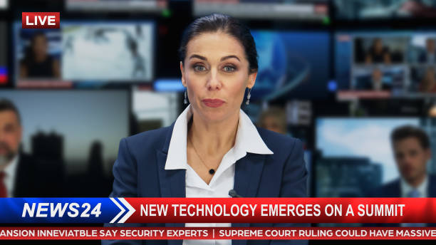 istock TV Live News Program with Professional Female Presenter Reporting. Television Cable Channel Anchorwoman Talks, Business, Economy, Entertainment. Mockup of Network Broadcasting in Newsroom Studio. 1409468623