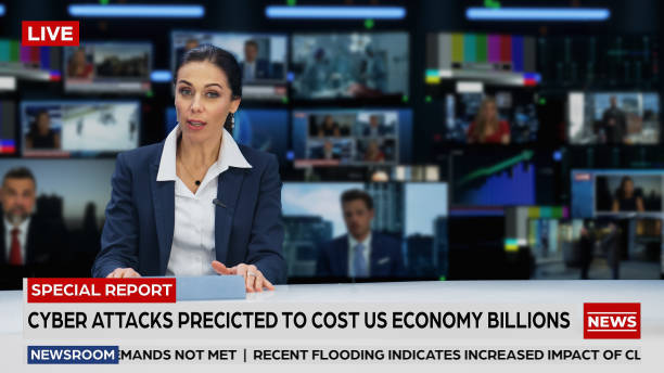 istock TV Live News Program with Professional Female Presenter Reporting. Television Cable Channel Anchorwoman Talks. Mockup of Network Broadcasting in Newsroom Studio. Medium Shot. 1409468673