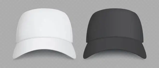 Vector illustration of Mockup set of black and white caps. Front view collection