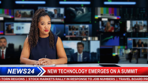 istock TV Live News Program with Professional Female Presenter Reporting. Television Cable Channel Anchorwoman Talks, Business, Economy, Entertainment. Mockup of Network Broadcasting in Newsroom Studio. 1409468704