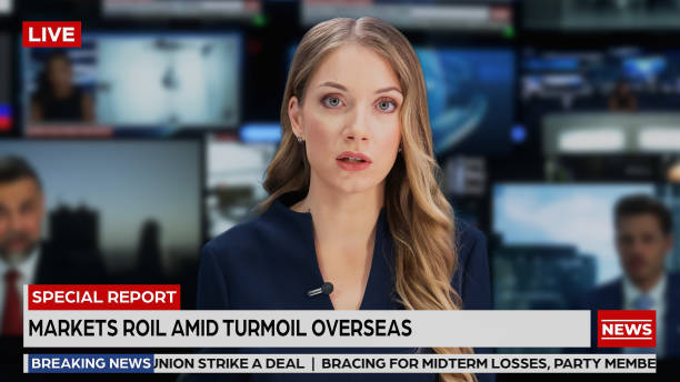 istock TV Live News Program with Professional Female Presenter Reporting. Television Cable Channel Anchorwoman Talks. Mockup Network Broadcasting in Newsroom Studio Concept. Close-up Shot. 1409468776