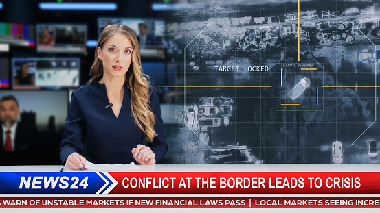 Split Screen Edit of TV News Live Report: Anchorwoman Talks about Story Segment with Photo Showing Top Down Satellite Surveillance of War Crimes Commited. Television Program on Cable Channel Concept.