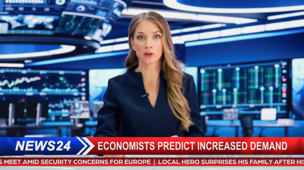 istock TV Live News Program with Professional Female Presenter Reporting. Television Cable Channel Anchorwoman Talks, Business, Economy, Entertainment. Mockup of Network Broadcasting in Newsroom Studio. 1409469722