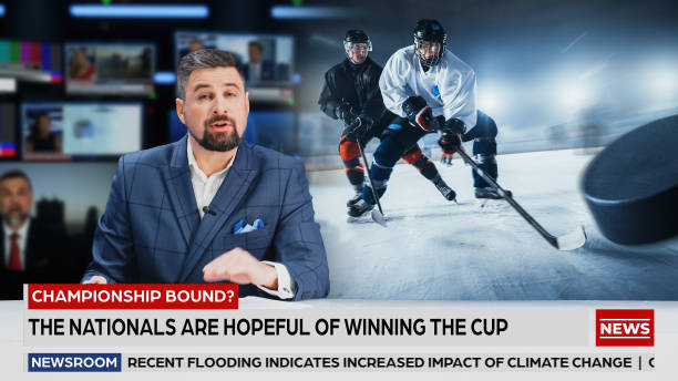 Photo of Split Screen TV News Live Report: Anchor Talks. Reportage Edit: Photo of Poster Appearing with Ice-Hockey Game Championship Match, Players Play. Television Program on Cable Channel Concept.