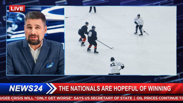 Photo of Split Screen TV News Live Report: Anchor Talks. Reportage Edit: Professional Ice Hockey Game Championship Match, Players Scoring Goal, Celebrating. Television Program on Cable Channel Concept.