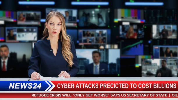 istock TV Live News Program with Professional Female Presenter Reporting. Television Cable Channel Anchorwoman Talks, Business, Economy, Entertainment. Mockup of Network Broadcasting in Newsroom Studio 1409470117