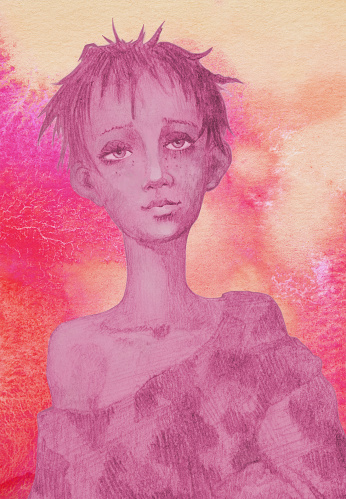 Fashionable illustration  watercolor painting  vertical portrait face impressionism little sad  homeless boy with dark unhashed unshaved hair in old ragged clothes a dark t-shirt on a colorful evening background in shades of red from spots spreading watercolor paint