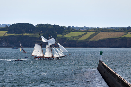 Douarnenez, France - July 17 2022: La Recouvrance entering the Port of Rosmeur. She is a replica gaff rigged schooner, named in honour of Recouvrance, one of the districts of Brest.