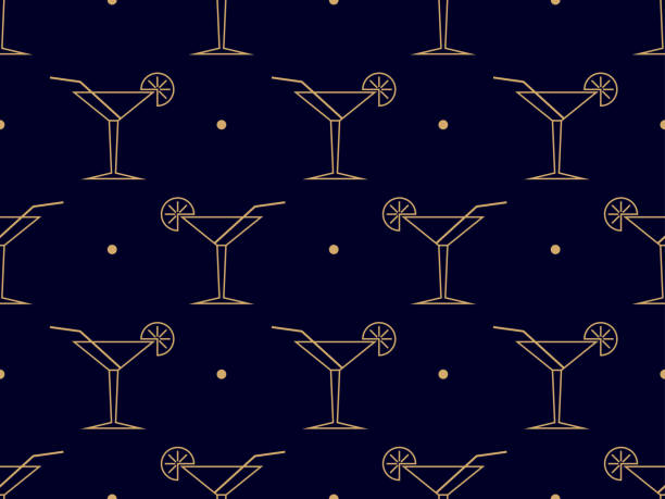 Art deco cocktail seamless pattern. Glass of martini with straws and orange slices of the 1920s - 1930s. Design of bar menus, advertising materials and invitations. Vector illustration Art deco cocktail seamless pattern. Glass of martini with straws and orange slices of the 1920s - 1930s. Design of bar menus, advertising materials and invitations. Vector illustration cocktail patterns stock illustrations