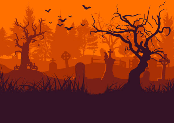 старое кладбище хэллоуин фон - cemetery grave tree light stock illustrations