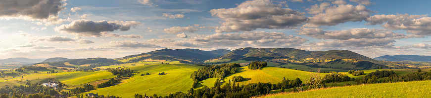 Panorama landscape with Snieznik Mountains and Kralicky Sneznik mountain between the Czech Republic and Poland, view from the Mountain of Holy Mother at Kraliky