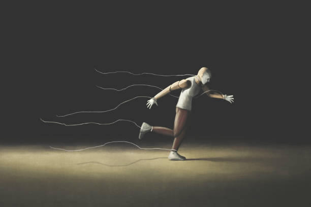 Illustration of wooden puppet running far away, surreal abstract freedom concept vector art illustration