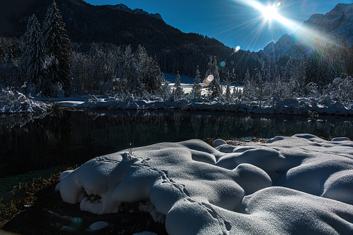 Winter view of the source of the Sava, Zelenci, Gorenjska, Slovenia, Julian Alps, European Alps, Europe